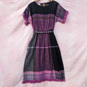 Vintage 80s Woven Cotton Plaid Fringe Dress S/M with Belt Folk Cottagecore Boho